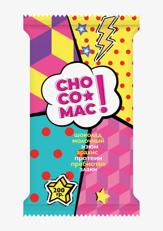 Шоколад Choco-Mac с протеином, пребиотиками, изюмом, арахисом, злаками 200 г