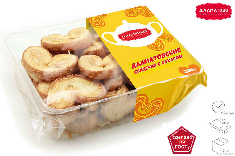 Печенье слоеное Далматовские сердечки с сахаром 250 г