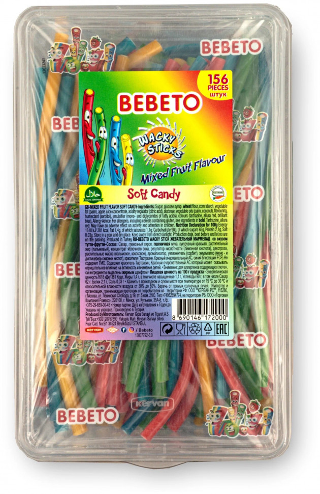 Мармелад жевательный BEBETO WACKY STICKS тутти-фрутти пластиковый контейнер 1326гр