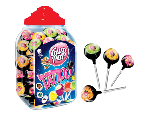 Карамель на палочке  с жевательной резинкой "Gum Pop "с татуировкой  18 гр.