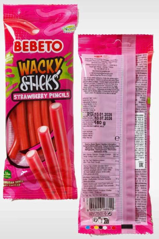 Жевательный мармелад BEBETO WACKY STICKS со вкусом клубники 160 г 