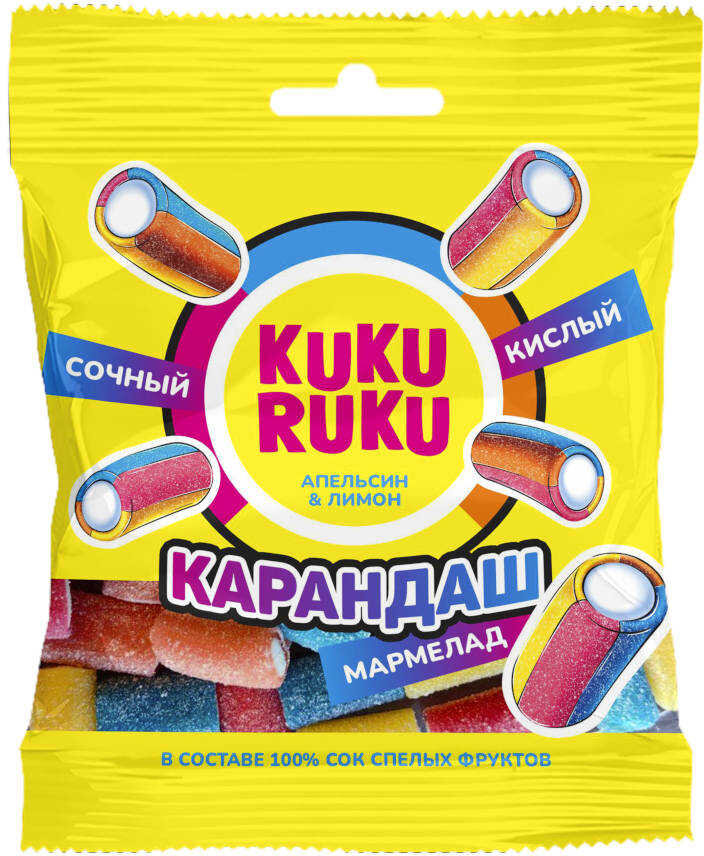 Мармелад КАРАНДАШ KUKU RUKU кусочки апельсин и лимон кислый 70 г 