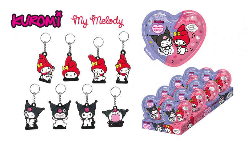 Карамель в пластиковом сердце с подарком KUROMI, MY MELODY  15 г 