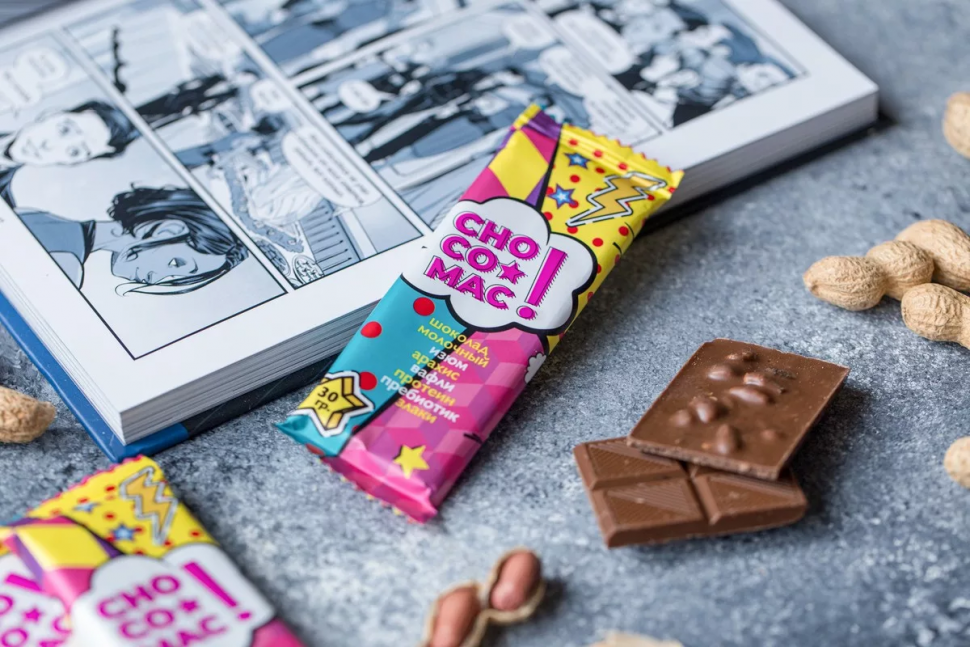Шоколад"Choco-Mac" с изюмом, арахисом, злаками,вафлей,протеином и пребиотиком 30 гр