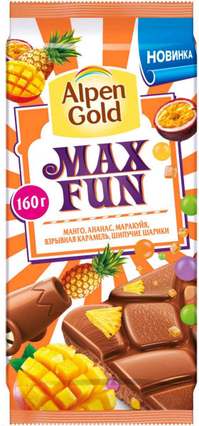Шоколад Альпен Голд Максфан  с фруктовыми кус.(манго,ананас,маракуйя)  160 гр.